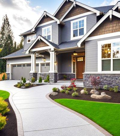 Walkway made of small pebbles leading to house with contemporary house exterior